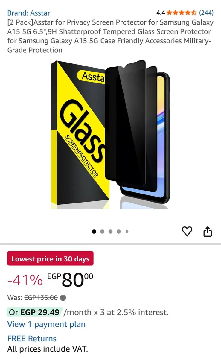 صورة ⚡️ عرض على Privacy Screen Protector من Asstar لموبايل Samsung Galaxy A15 5G 📱 قطعتين زجاج مقوى ضد الكسر لحماية الخصوصية!