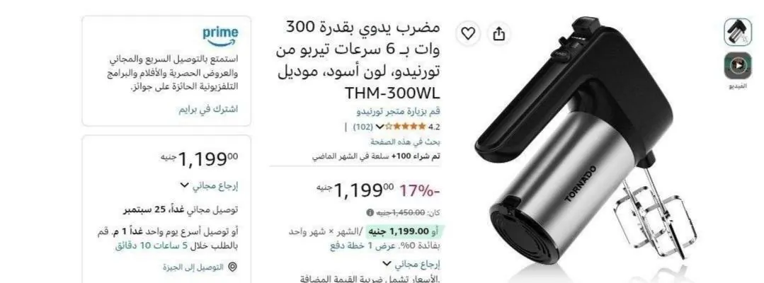 صورة مضرب يدوي بقدرة 300 وات بـ 6 سرعات تيربو من تورنيدو