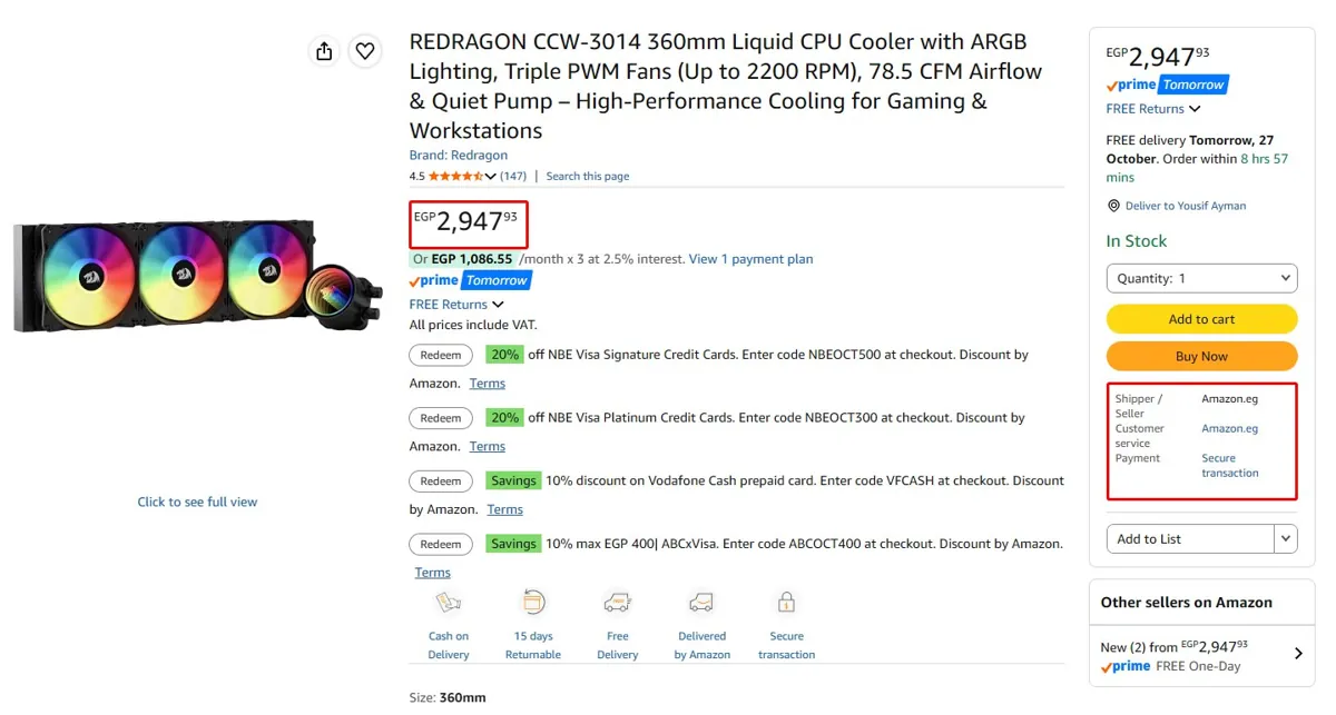 صورة مبرد مائي 360mm موديل CCW-3014 من Redragon ب 2,947 جنيه