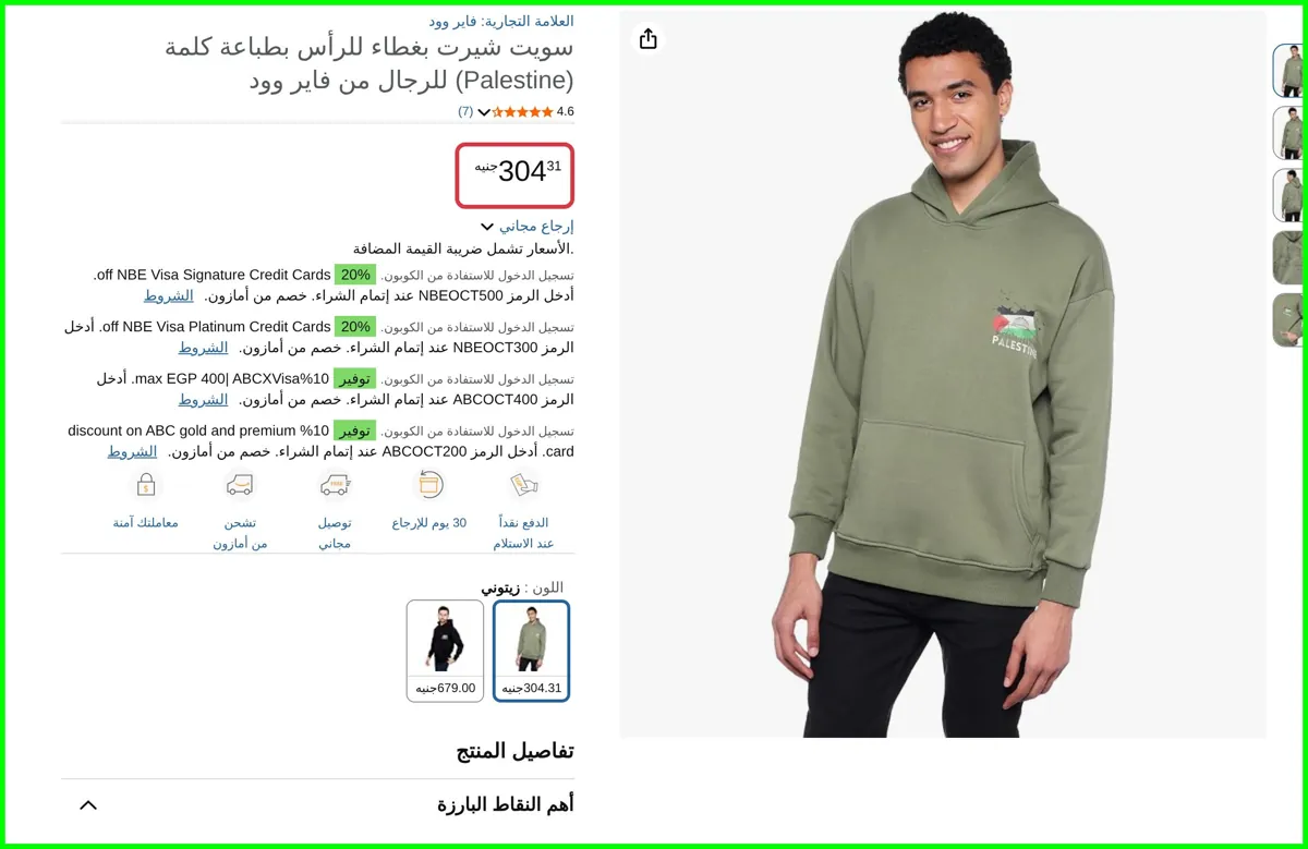 صورة سويت شيرت بغطاء للرأس بطباعة كلمة (Palestine) للرجال من فاير وود