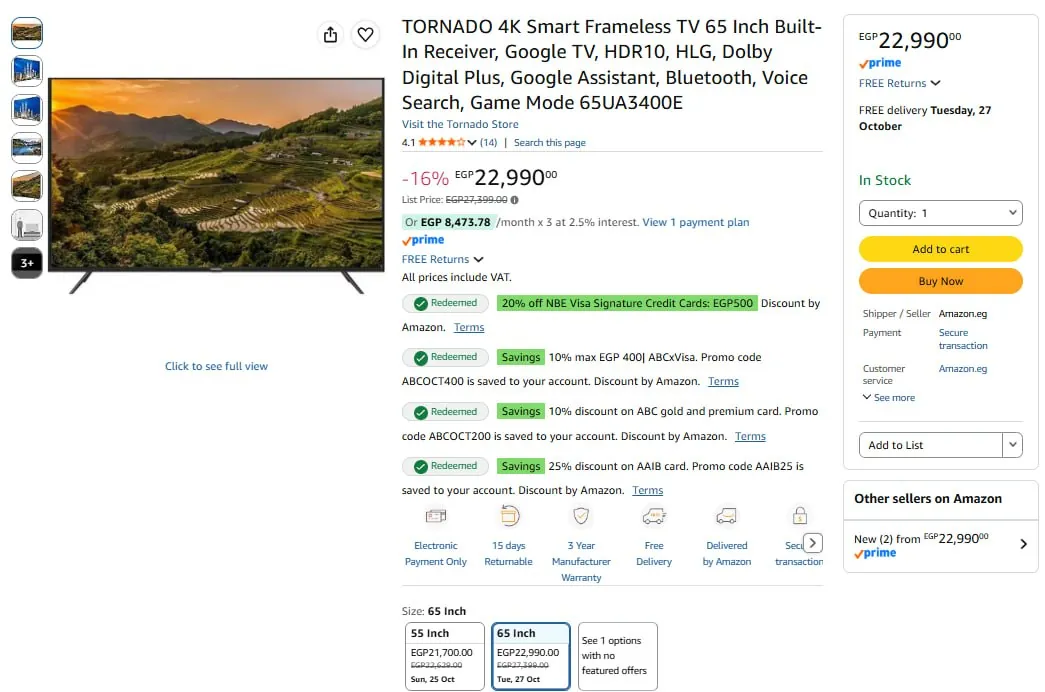 صورة شاشة 65 بوصة 4k بنظام تشغيل Google TV موديل 65UA3400E من تورنيدو ب22,990 ج
