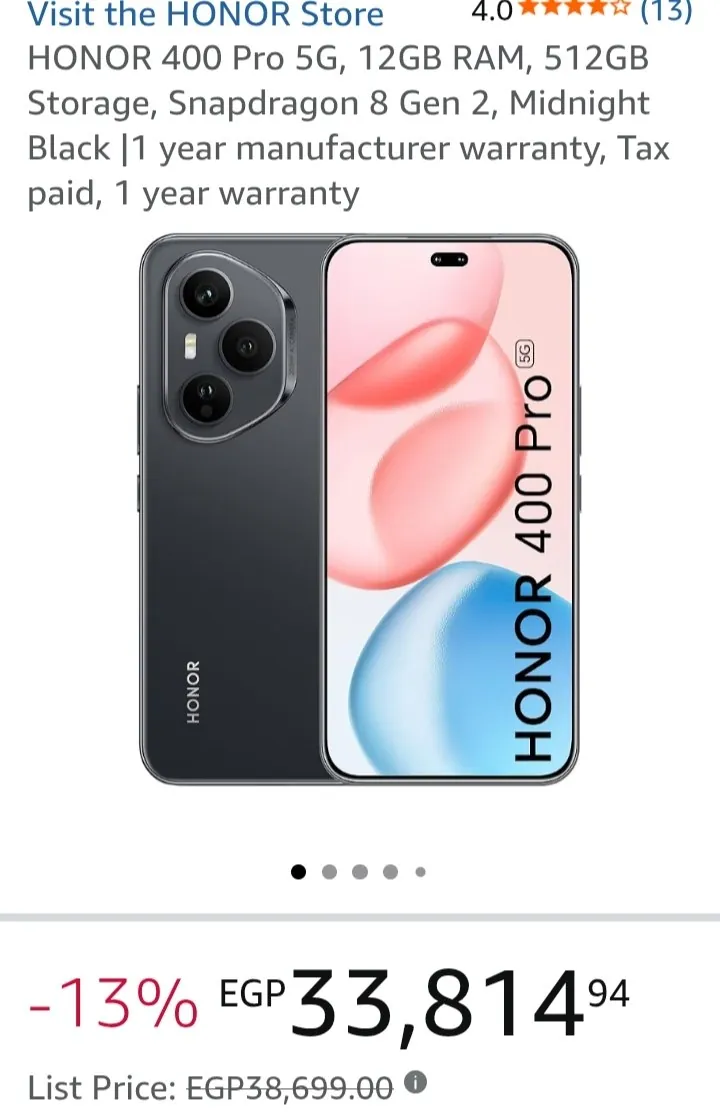 صورة موبايل HONOR 400 Pro 5G نسخة ال12 جيجا رام ومساحة 512 جيجا ب 33,815 ج