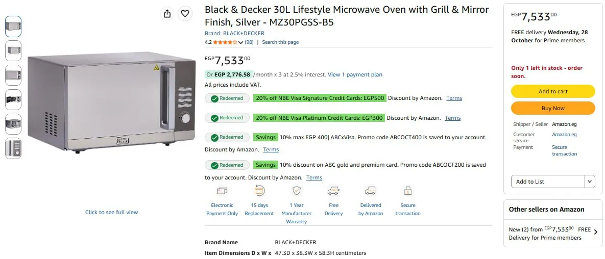 صورة عرض ممتاز علي ميكروويف 30 لتر بشواية موديل MZ30PGSS-B5 من Black & Decker ب7,533 ج