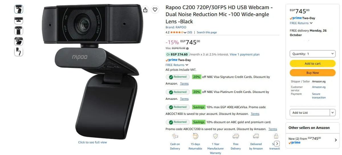 صورة كاميرا ويب C200 بدقة 720p بمايك مدمج من Rapoo ب745 ج
