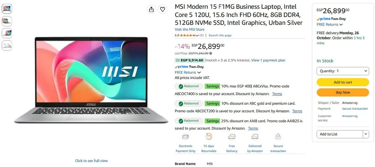 صورة لابتوب بيزنس Modern 15 موديل F1MG من MSI ب26,899 ج