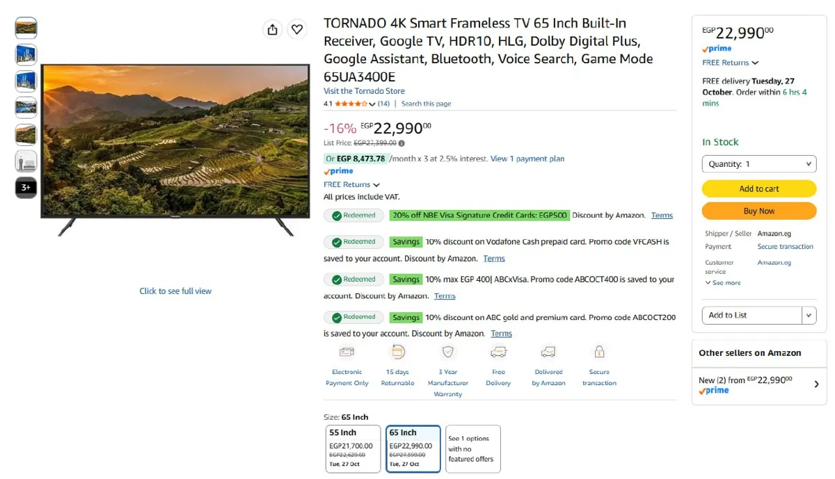 صورة شاشة 65 بوصة 4k بنظام تشغيل Google TV موديل 65UA3400E من تورنيدو ب22,990 ج