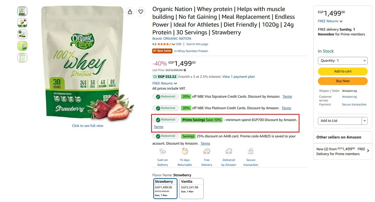 صورة واي بروتين بنكهة الفراولة 1020 جرام (30 جرعة) من Organic Nation ب1,349 ج بعد خصم الـ10% سوبرماركت