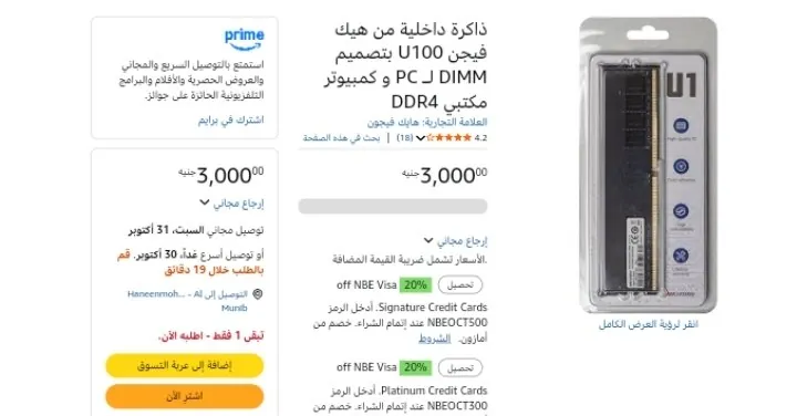 صورة ذاكرة داخلية من هيك فيجن U100 بتصميم DIMM لـ PC و كمبيوتر مكتبي DDR4